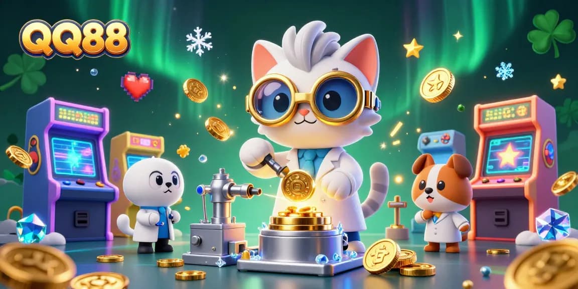 Engage with QQ88's innovative casino experience featuring dynamic characters in an electrifying lab setting.