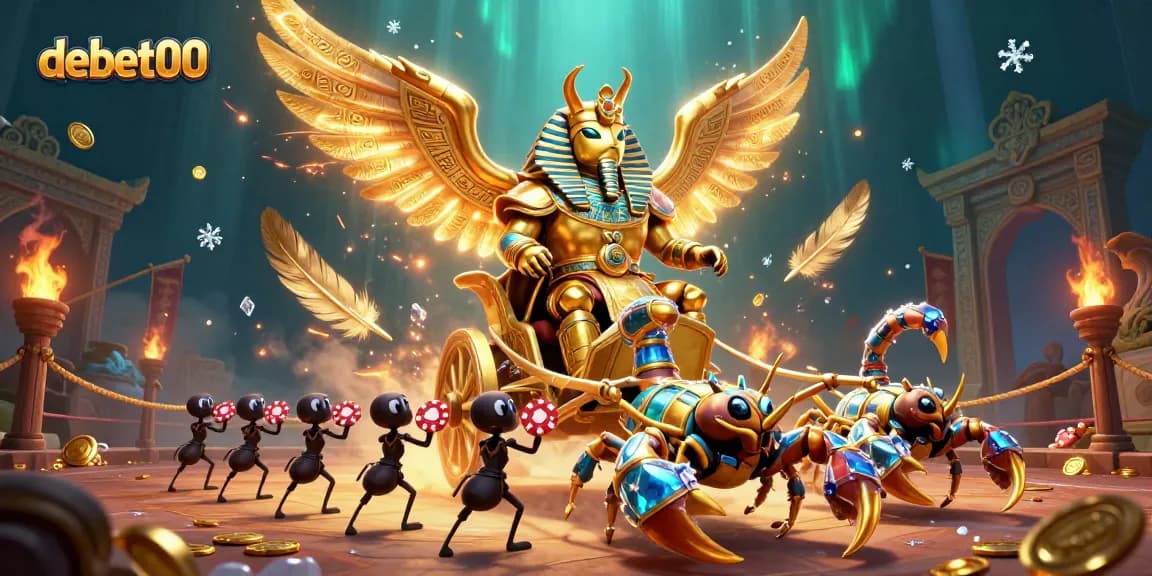 debet00 brings excitement to gambling with a golden scarab beetle in an epic casino scene.