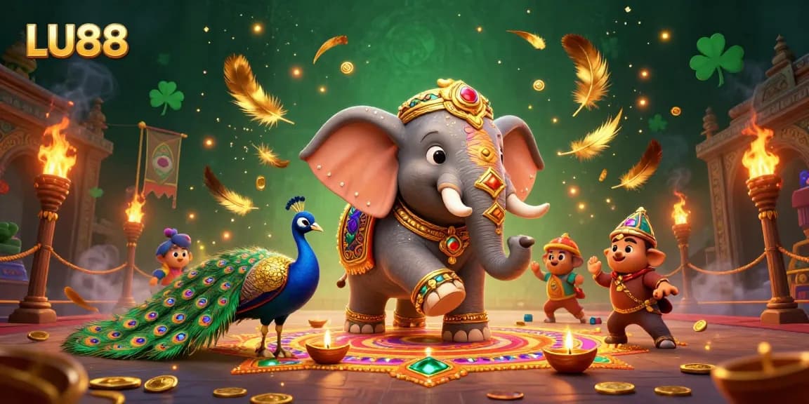 LU88 enhances gameplay with a vibrant 3D scene of an elephant and peacock in a dynamic casino setting.