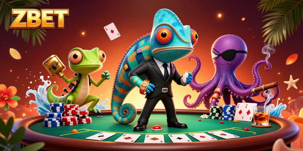 ZBET showcases an exciting scene of a secret agent chameleon and friends at a lively poker table.