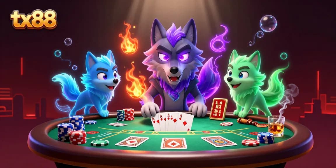 Experience the thrill of tx88 with a poker showdown featuring spectral wolves and vibrant chips.