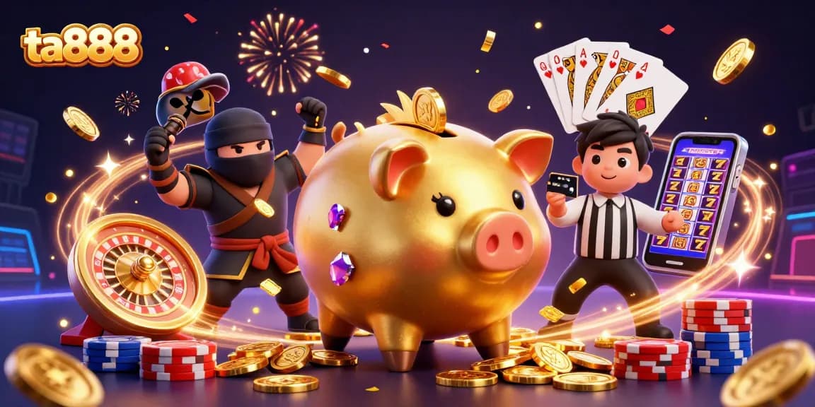 ta888 engages festive gambling action with a golden piggy bank sumo, wallet-ninja, and credit card referee.