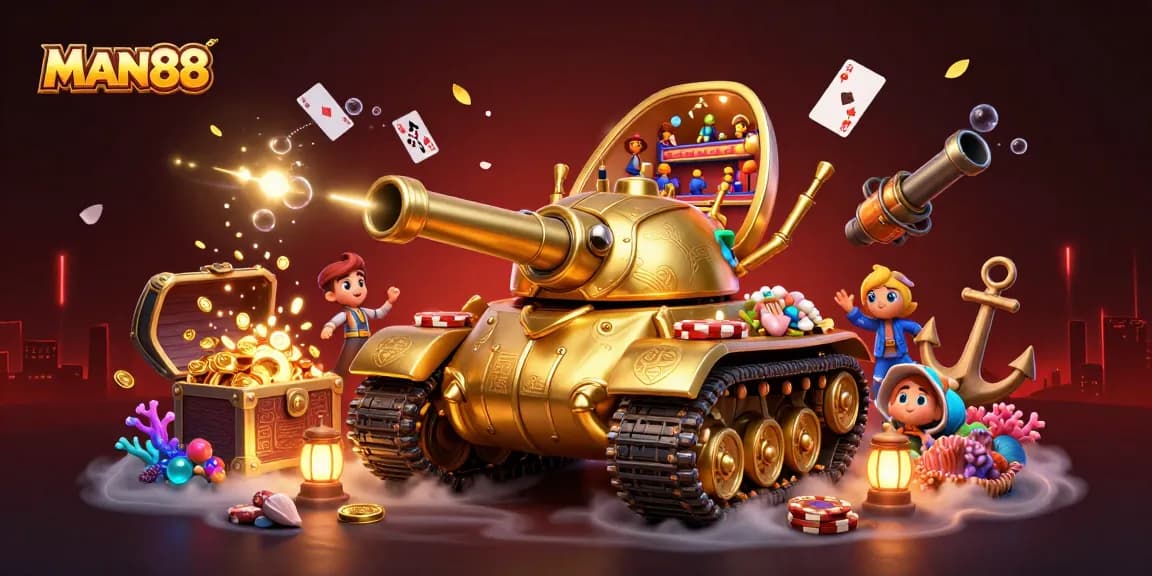 Experience the excitement at MAN88 with a vibrant illustration featuring a 3D golden beetle tank casino, dazzling games, and action.