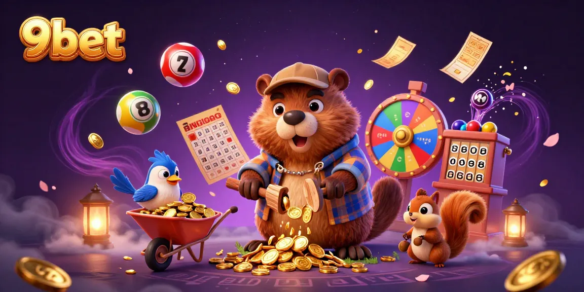 Experience the magic of 9bet with vibrant casino characters collecting golden coins and festive lottery elements.