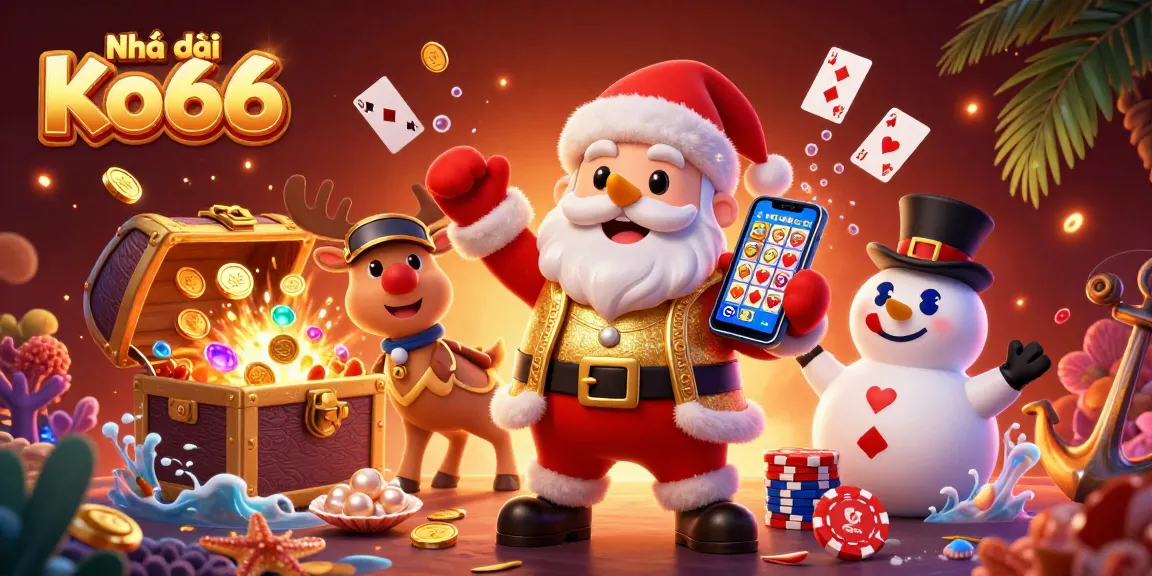 Engage with Nhà cái Ko66 as Santa and friends celebrate big wins with vibrant casino elements in a festive illustration.
