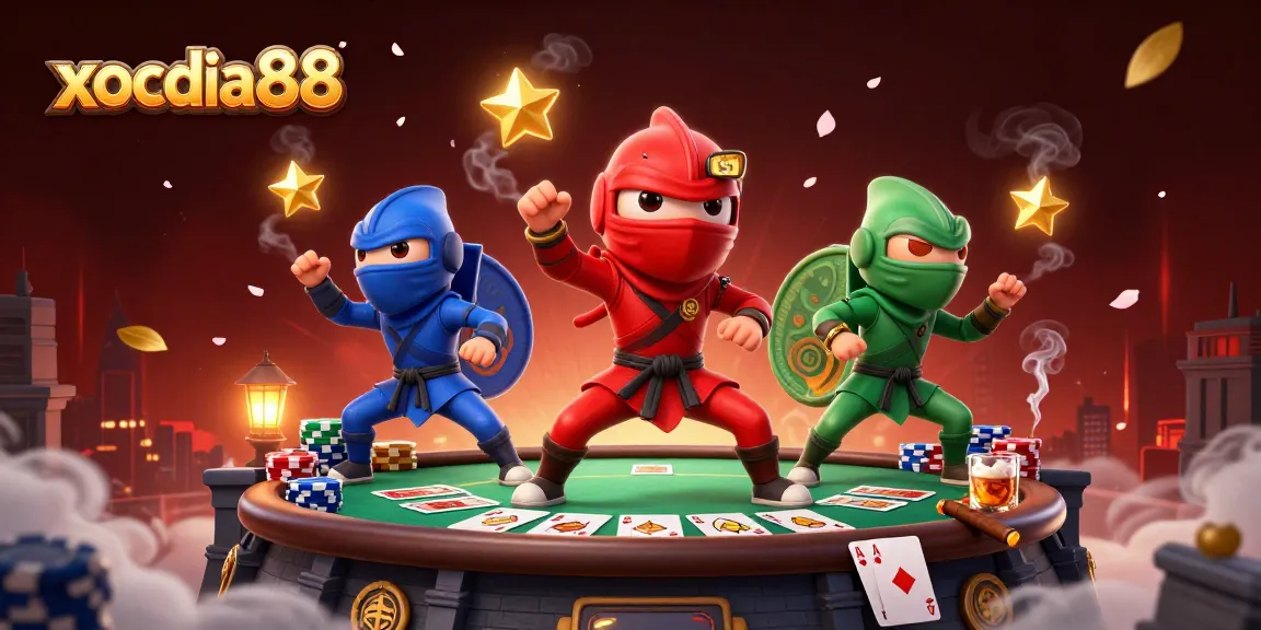 Xocdia88 action-packed scene featuring ninja chameleons with poker elements and vibrant design.