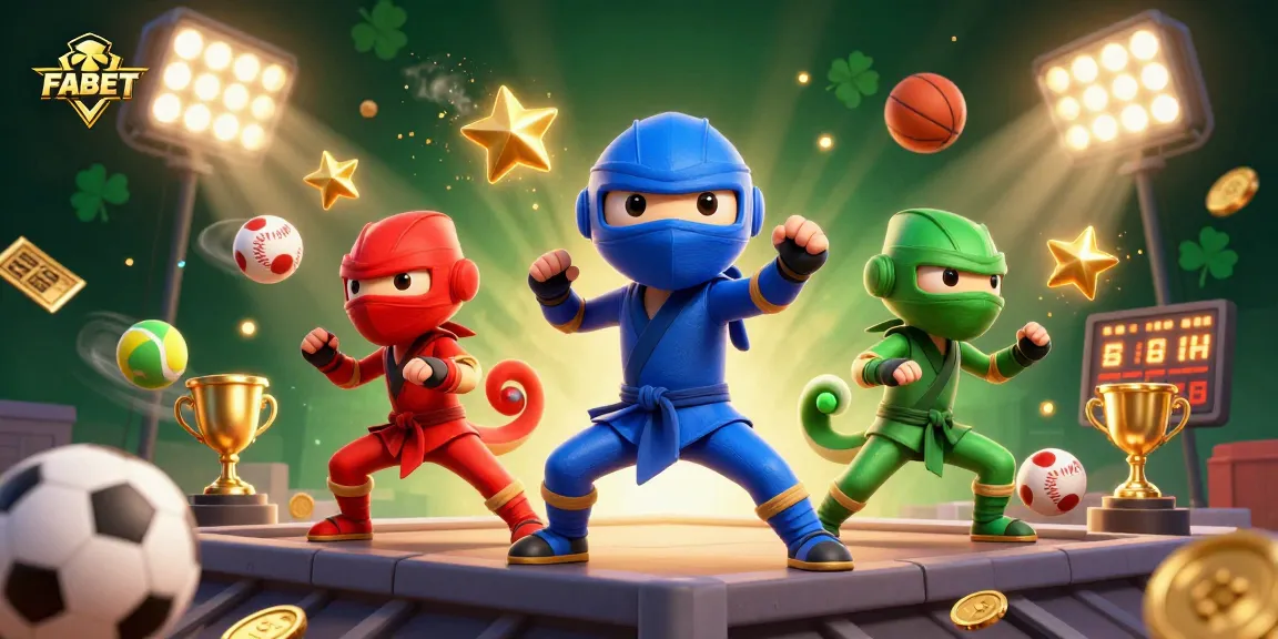 Experience the thrill of FABET along with a dynamic ninja chameleon team amid flying sports balls and rich casino elements.