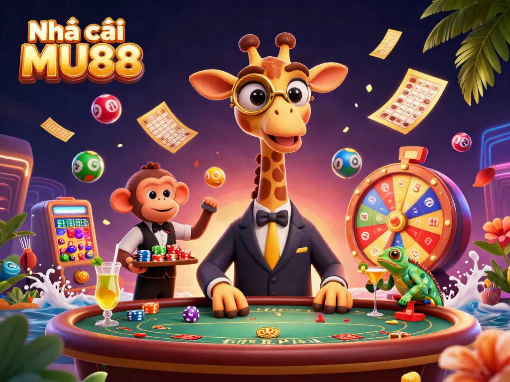 Engage with exciting games at Nhà cái MU88 with vibrant casino illustrations featuring playful characters.