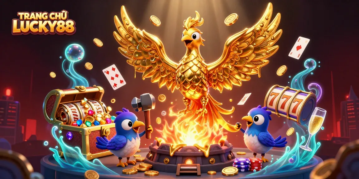 TRANG CHỦ LUCKY88 showcases a golden phoenix and sparrows in an explosive casino-themed scene.