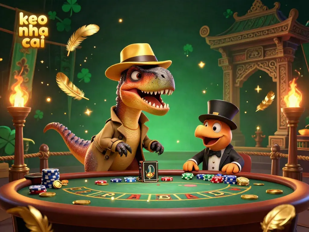 Unleash excitement with keo nha cai at a vibrant casino scene featuring a crafty velociraptor counter, complete with golden visuals.