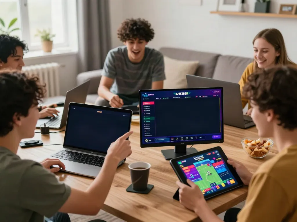 Friends joyfully engaging with the UK88 online betting platform in a cozy living room setting.