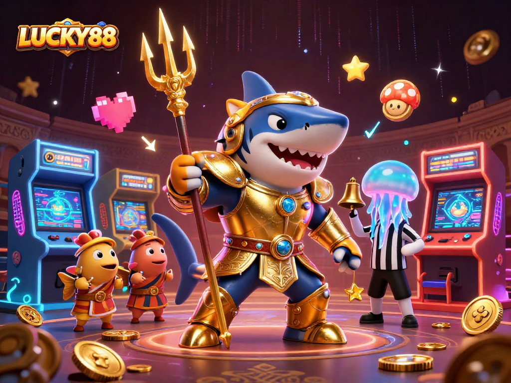 LUCKY88 captures the excitement of online gaming with a dynamic 3D illustration featuring a fierce shark hero.