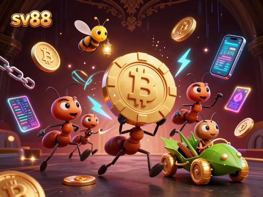 Engage with sv88's thrilling games while ants carry a giant poker chip through a vibrant casino world.