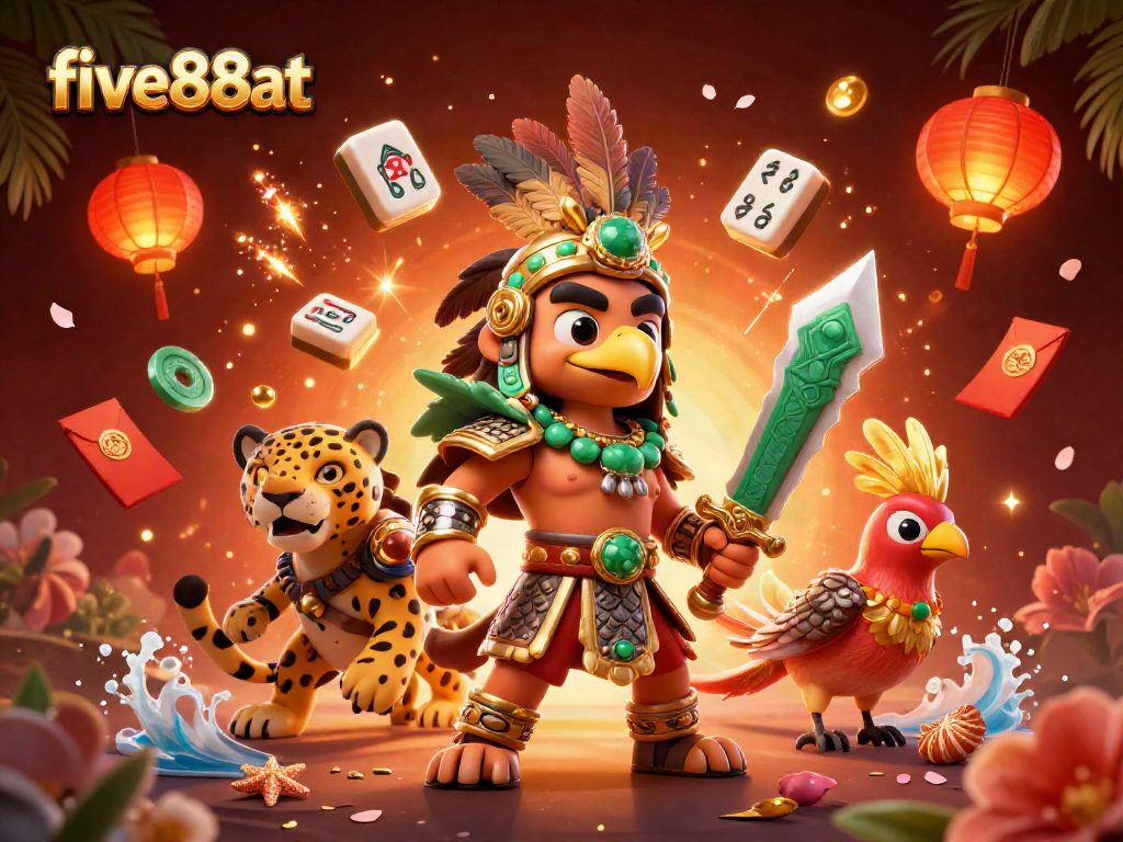 Experience thrilling action at five88at with an Aztec warrior and jaguar, surrounded by festive casino elements.