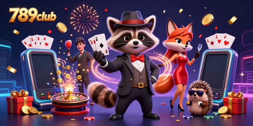 Experience thrilling gameplay at 789club, with raccoon and fox at a vibrant casino scene.