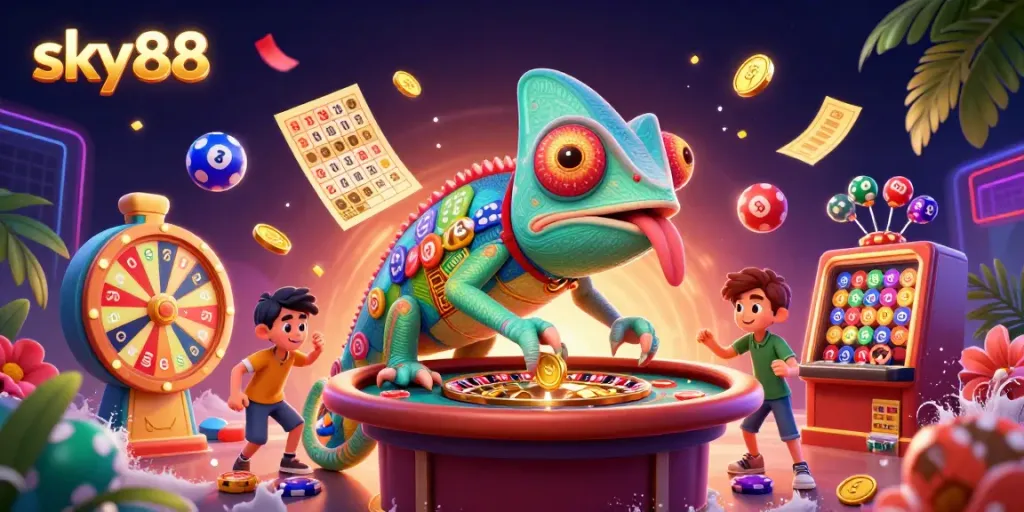 Experience the excitement of sky88 with colorful lottery balls, a vibrant chameleon owner, and casino magic.