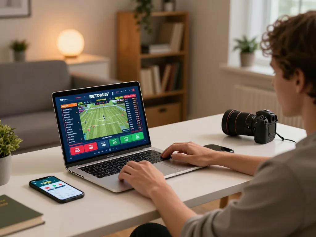 Engage in MM88 sports betting live on a laptop at home, showcasing vibrant odds and interactive app use