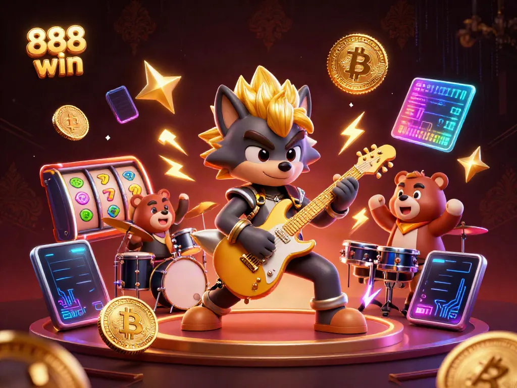 Experience the thrill of 888 win with a vibrant casino stage featuring a rock star wolf and drummer bear.