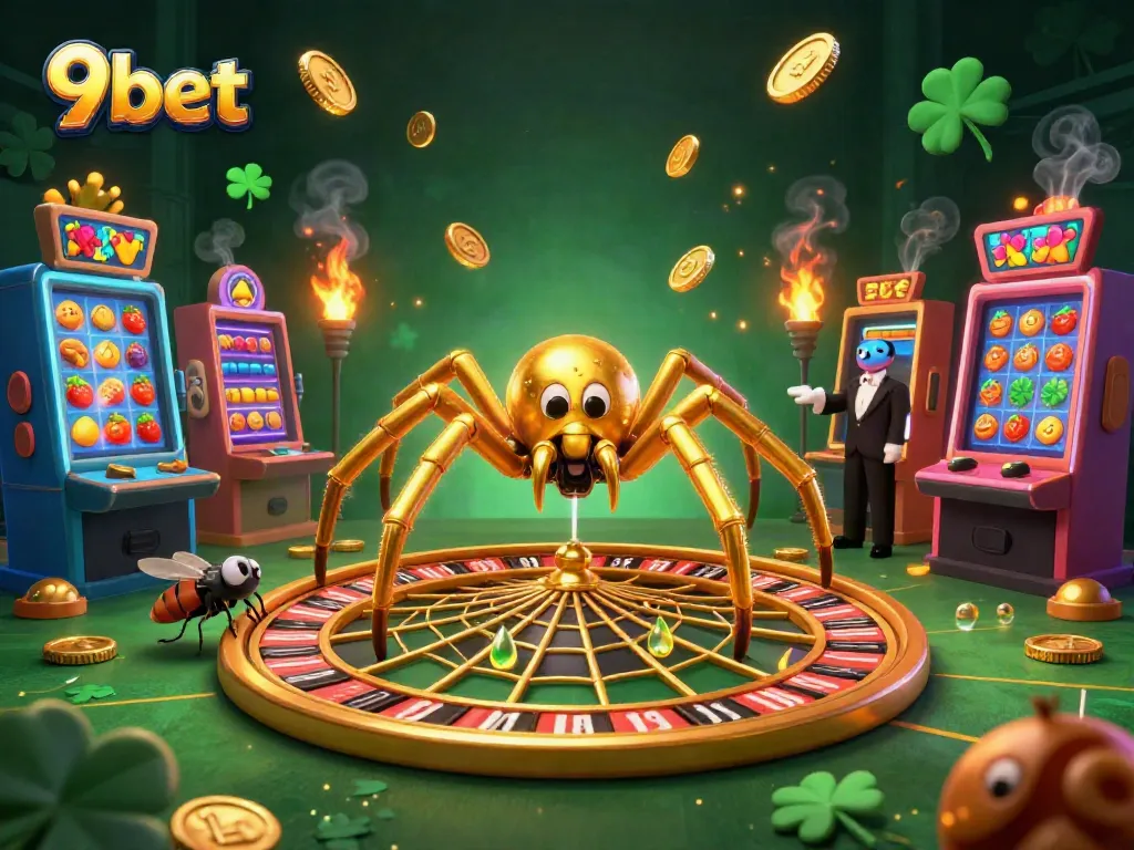 Engage with the vibrant atmosphere of 9bet through a golden spider spinning a roulette wheel web, surrounded by slot machines and coins.
