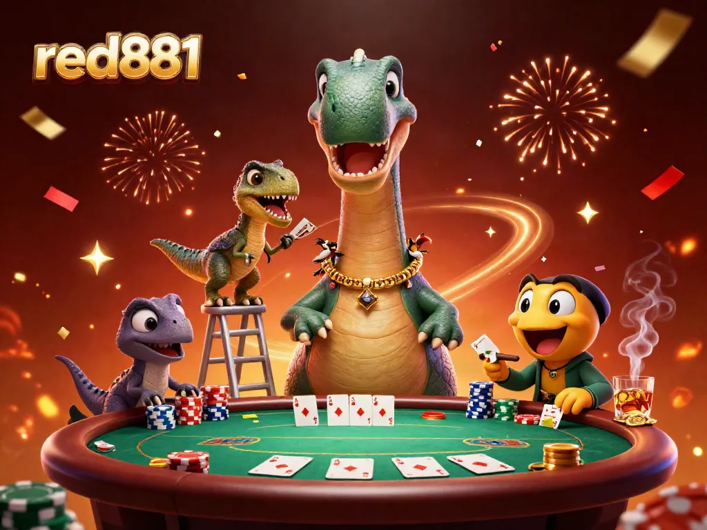 Experience the excitement of red881 with a giant brontosaurus observing a lively poker game, showcasing vibrant casino elements.