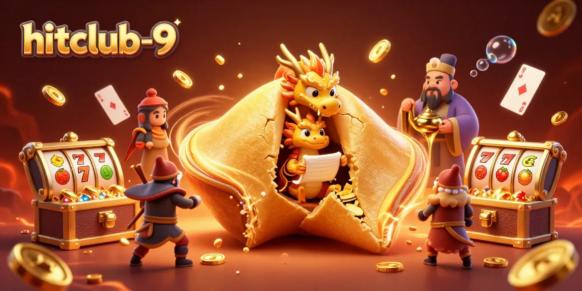 Engage with hitclub-9 by viewing a vibrant casino scene featuring a lucky golden fortune cookie.