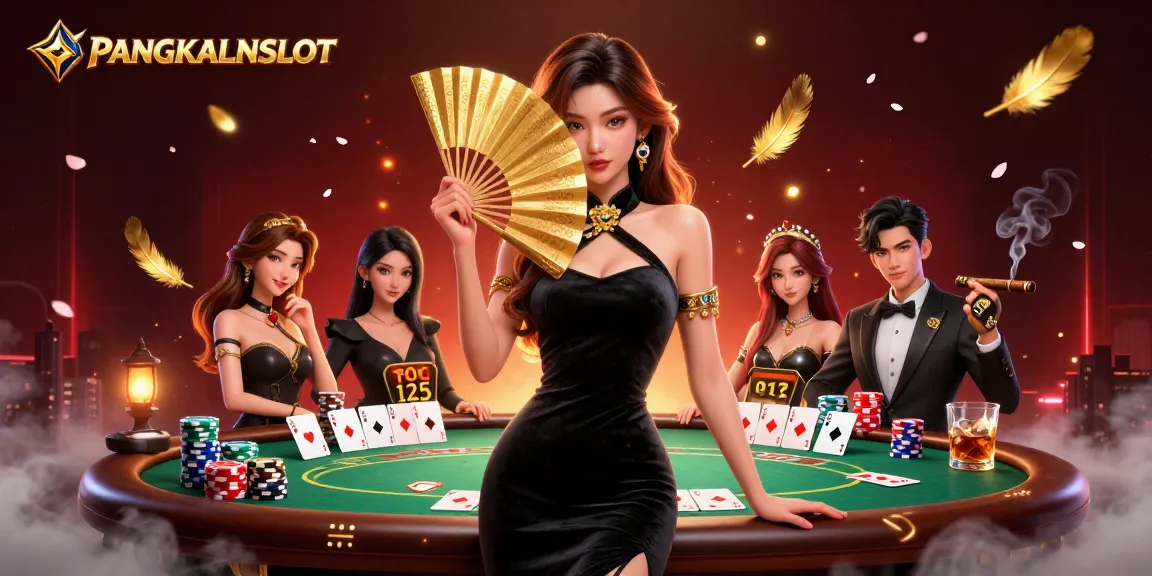 PANGKALANSLOT showcases a captivating Asian woman in a velvet dress at a vibrant casino scene.