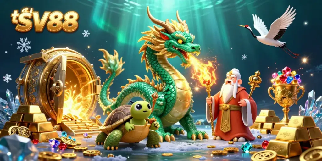 Experience exciting gaming action with tải SV88 featuring a jade dragon, turtle sage, and lucky cranes in a magical scene.