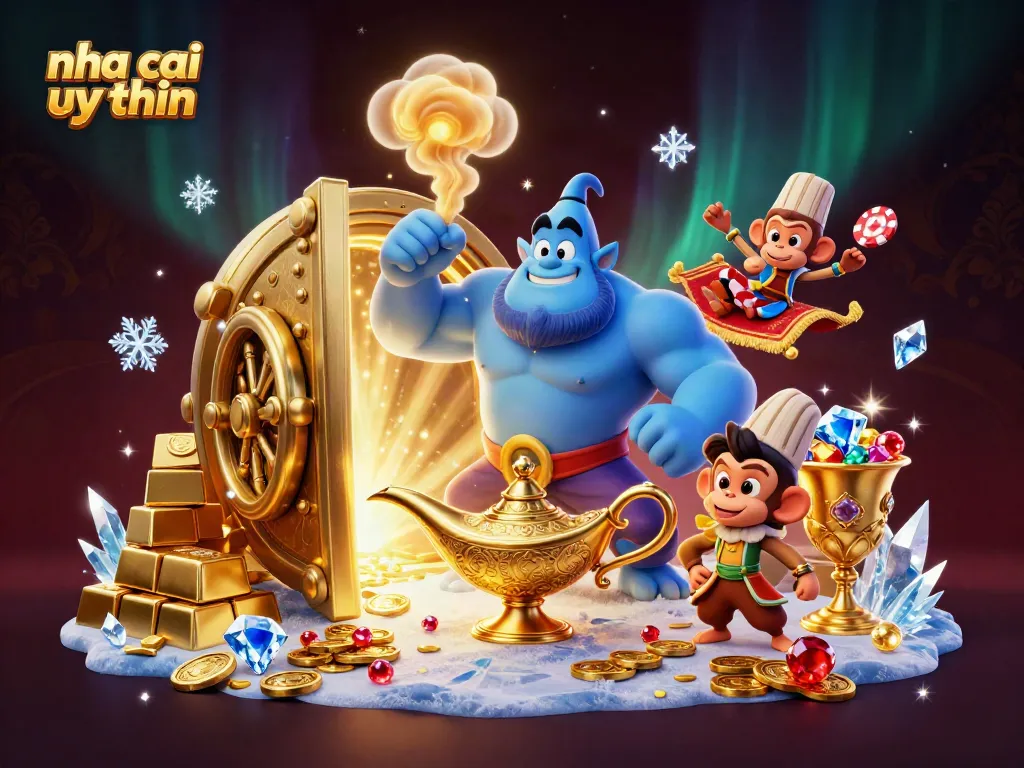 Experience nha cai uy tin in ultra-detailed 3D, featuring a vibrant genie and treasure in a magical casino atmosphere.