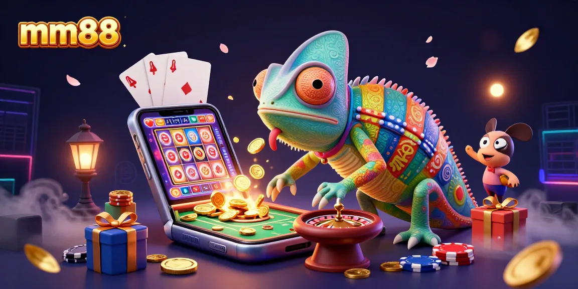 Engage in thrilling gameplay at mm88 with a vibrant casino scene featuring a chameleon owner and dynamic slot elements.