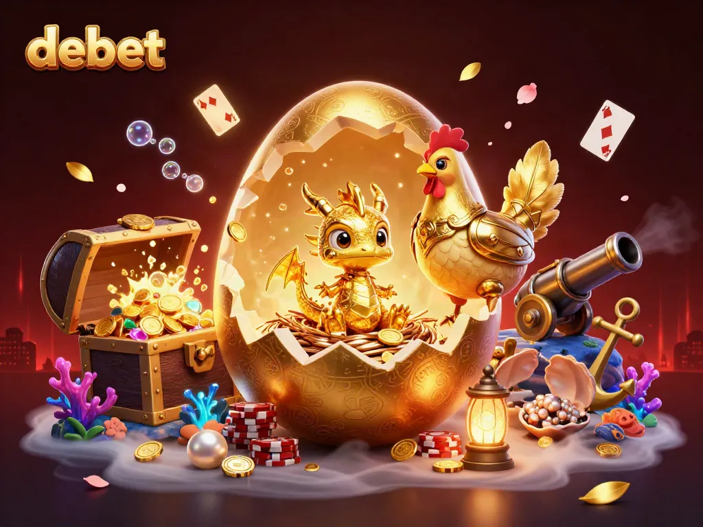 Join the excitement of debet gaming with a golden dragon surrounded by poker chips and treasure.
