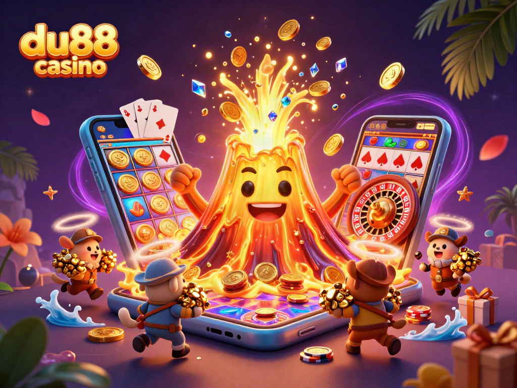 Engage with du88 casino: A vibrant 3D illustration of a golden volcano erupting treasure amidst dynamic gaming elements.