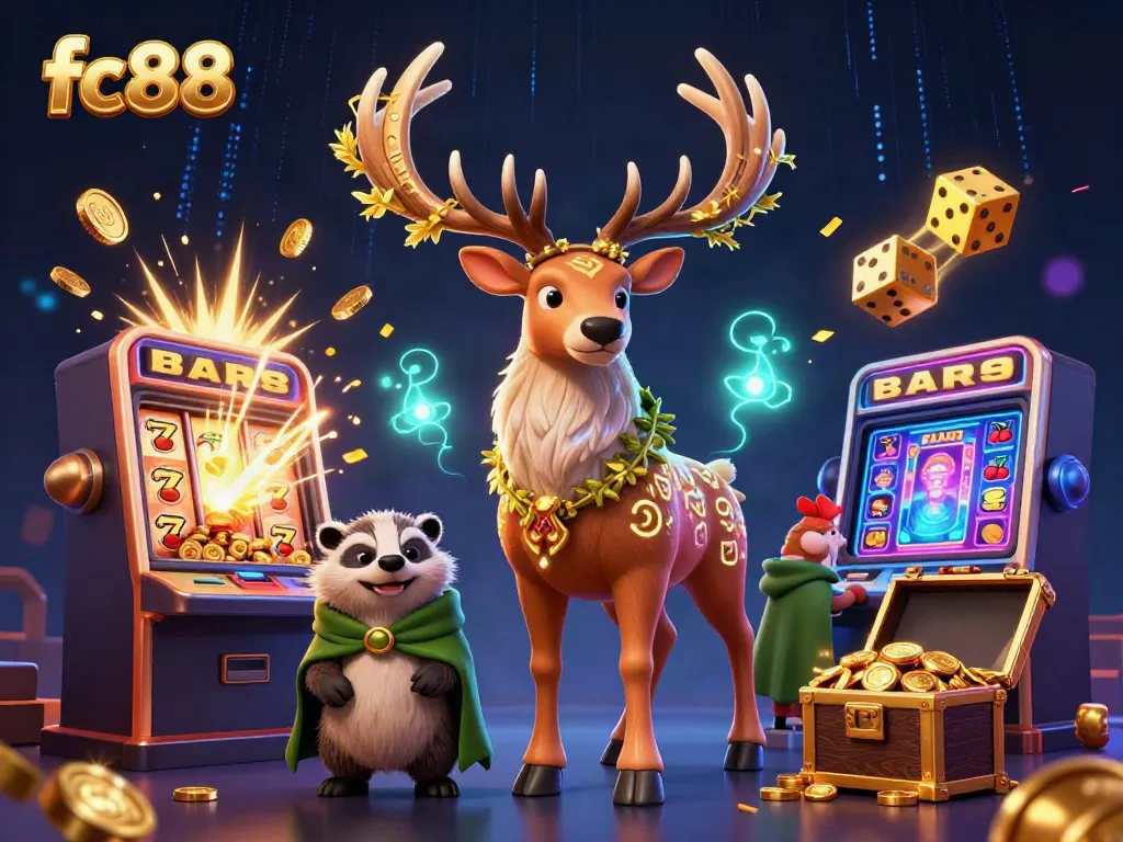 Experience the excitement of fc88 with a magical casino scene featuring a druid stag and winning elements.