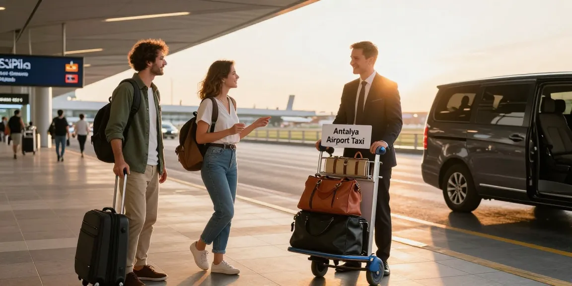 Effortless Antalya Airport Taxi service, traveler with luggage and chauffeur in modern airport.