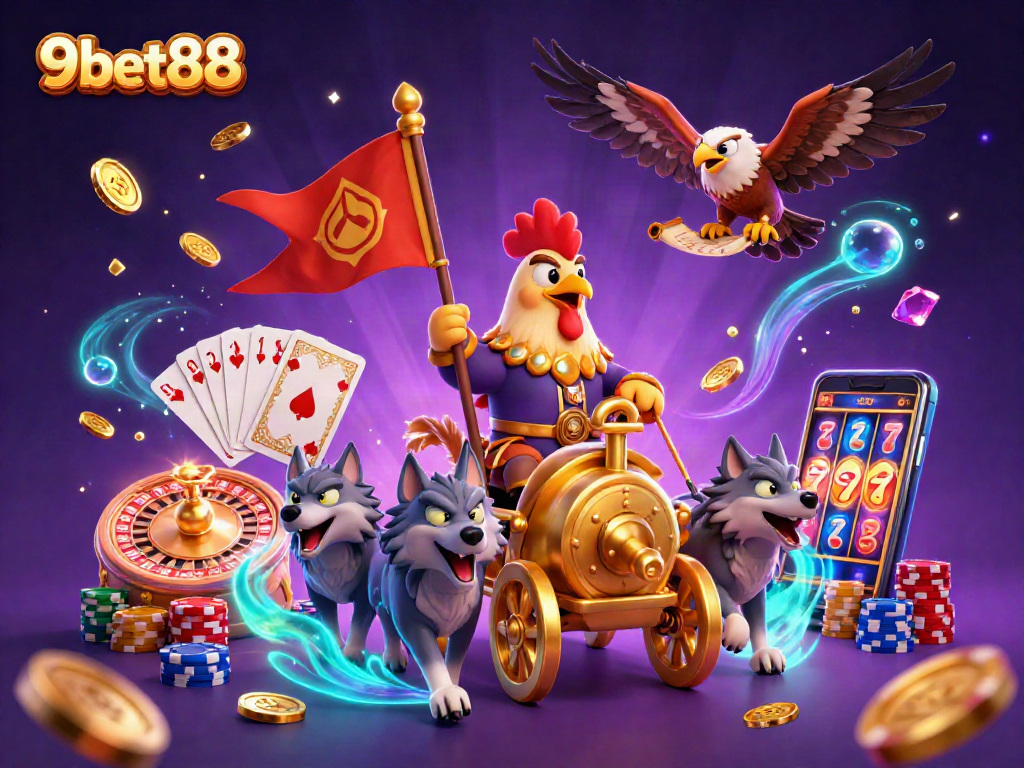 Experience winning moments at 9bet88 with vibrant casino action showcasing golden coins and a playful rooster warlord.