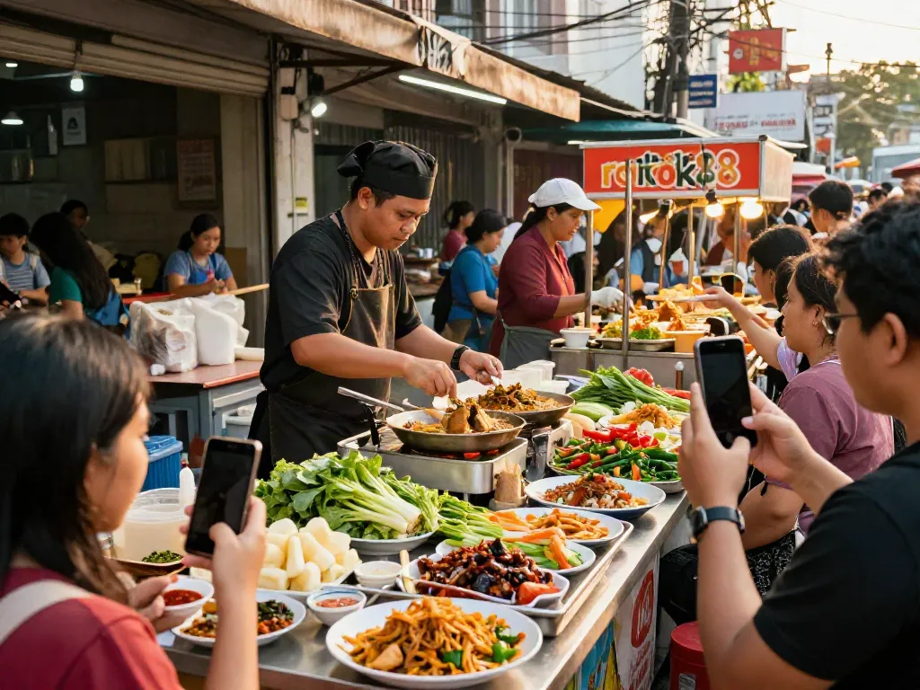 Vibrant street food scene featuring rokok88's popular dishes in an urban setting.