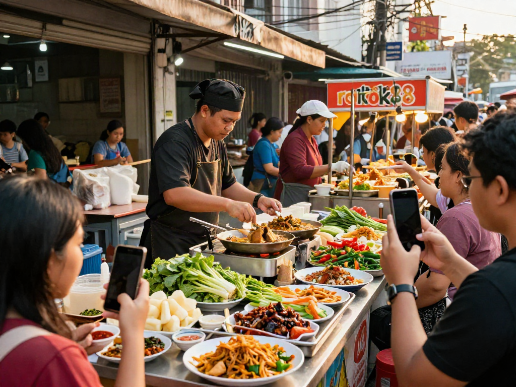 Vibrant street food scene featuring rokok88's popular dishes in an urban setting.