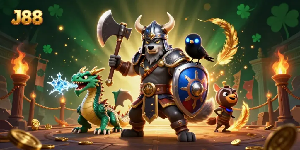 Engage with J88's thrilling ambiance featuring a Viking warrior, dragon, and raven in a dynamic casino scene.