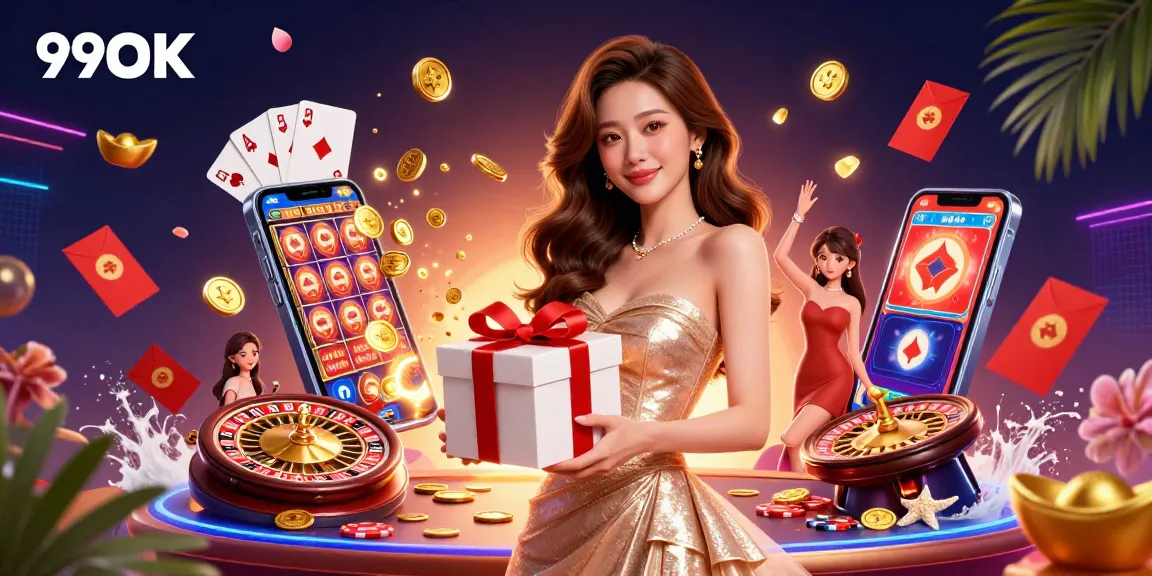 Win big with 99OK's festive casino game scene showcasing an Asian model amidst golden coins and immersive gaming elements.