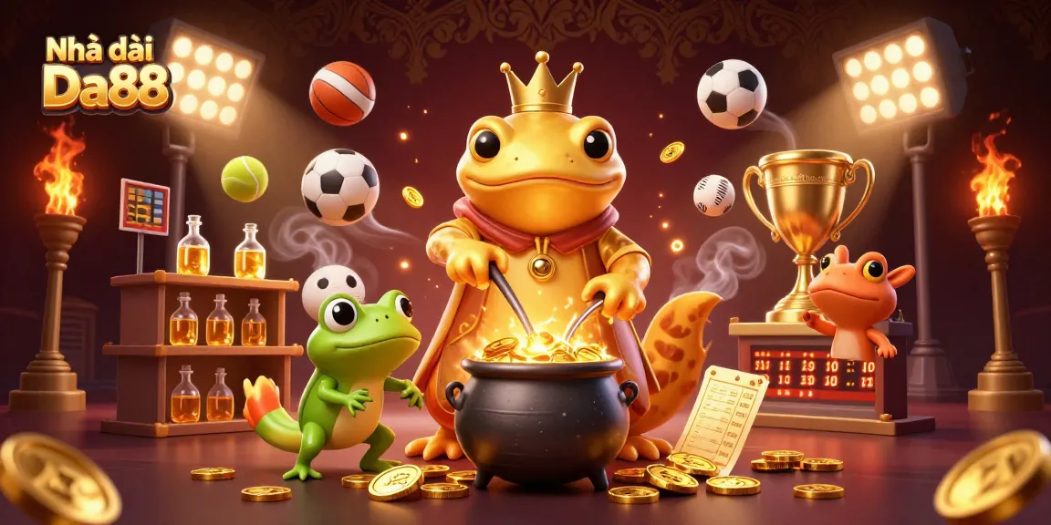 Experience the thrill of Nhà cái Da88 with a vibrant scene showcasing gold alchemy and sports elements.