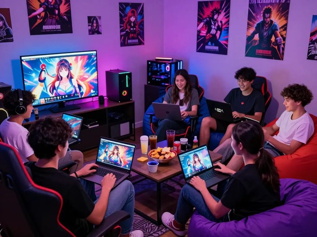 Friends enjoying a lively gaming session with various porno games on laptops and tablets in a cozy gaming room.