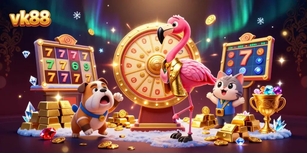 Experience the excitement of vk88's dynamic casino scene with cartoon characters and sparkling rewards.