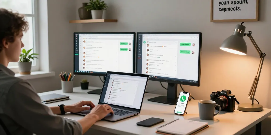 Efficient home office scene utilizing WhatsApp電腦版 on laptop with dual monitors and cozy ambiance.