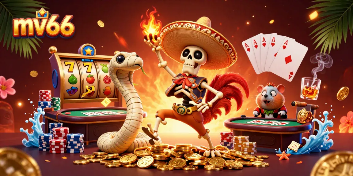 Experience exciting wins at mv66 with vibrant characters celebrating on golden coins, showcasing slots and poker.