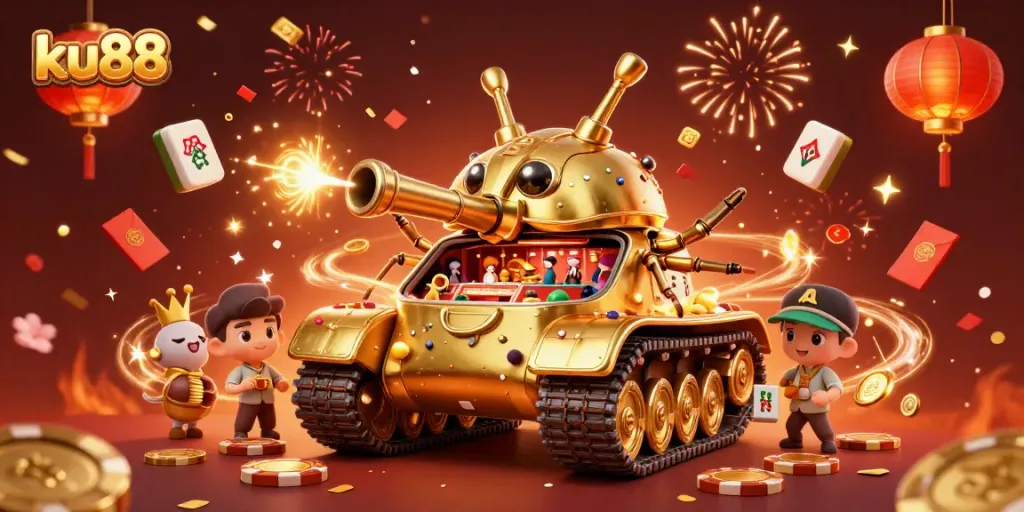 Engage in thrilling gaming at ku88, featuring a vibrant 3D casino environment with confetti and excitement.