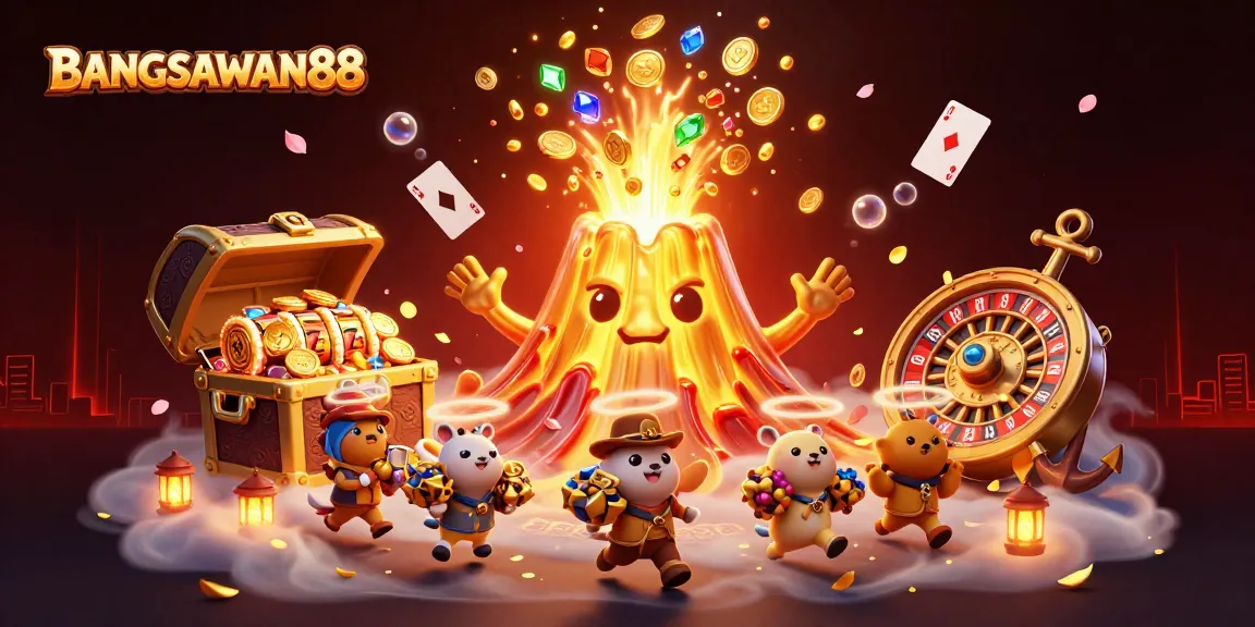 BANGSAWAN88 captivates players with a thrilling casino adventure featuring swirling coins and lively characters.