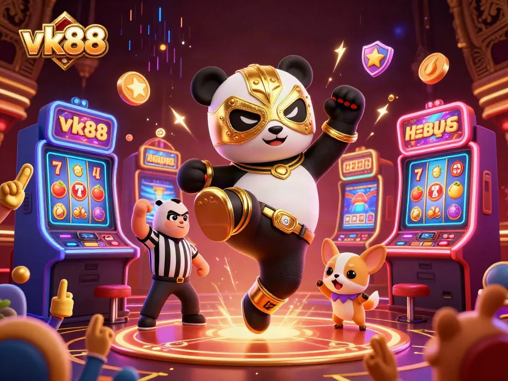 Engage in thrilling gameplay at vk88, featuring a panda wrestler and vibrant casino elements