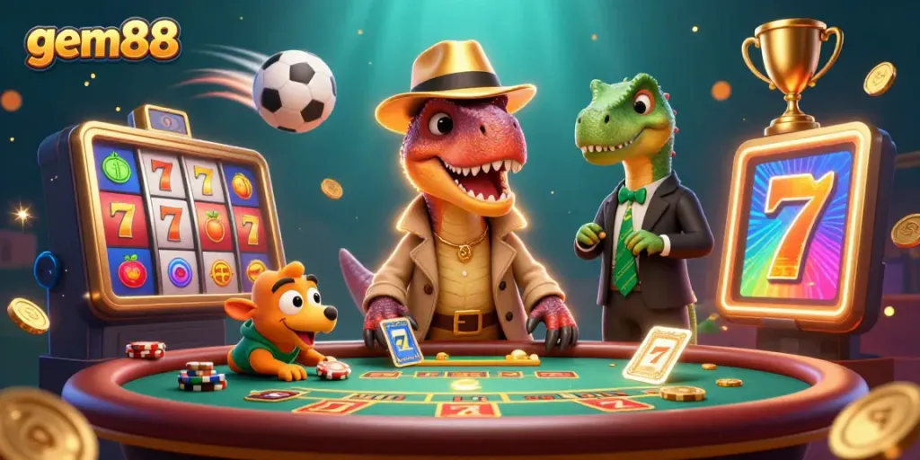 Experience the excitement at gem88 with a vibrant casino scene featuring playful characters and dynamic gaming elements.