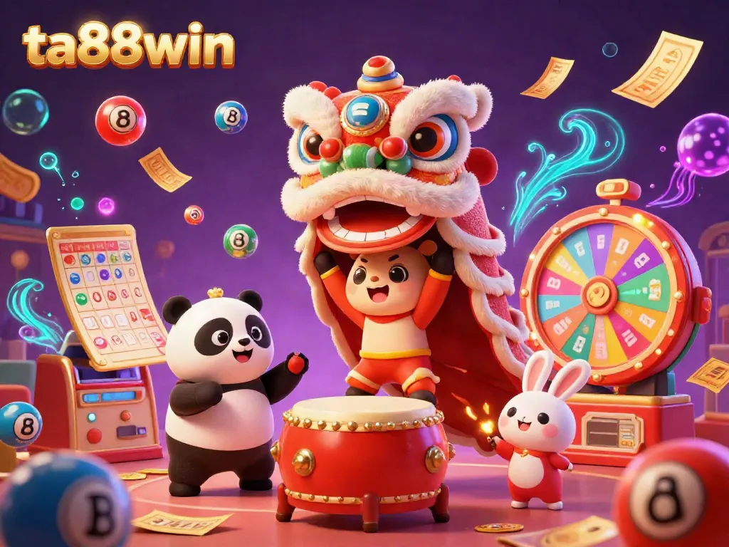 Engage in the exciting world of ta88win with a colorful 3D illustration featuring a lion dance, vibrant lottery elements, and lively characters.