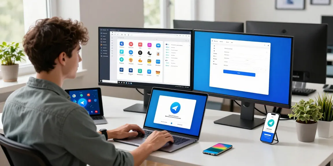 Download Telegram on a modern desktop setup featuring vibrant chat windows and tech gadgets.
