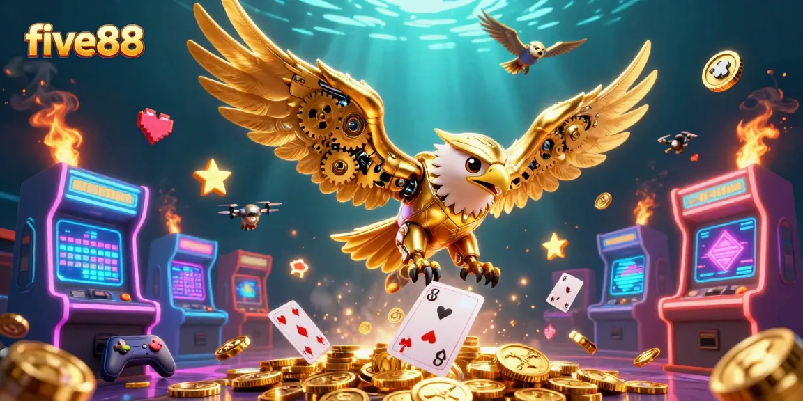 Experience the thrill of five88 as a golden eagle dives through holographic playing cards in this vibrant casino illustration.